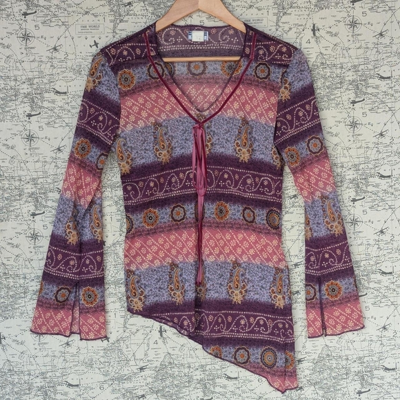 Y2K Boho Fairy Asymmetrical Paisley Mesh Top With Velvet Bow Size Medium - Picture 4 of 8